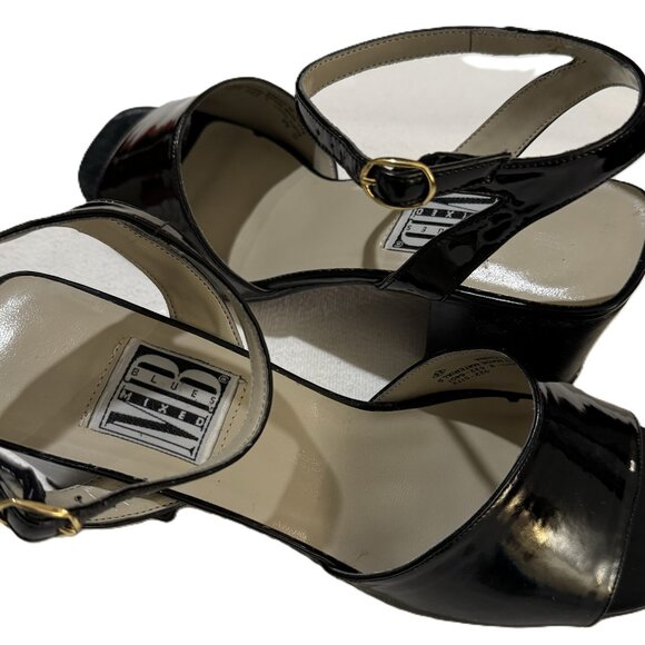 Vintage Mixed Blues Black Patent Leather Low Block Heel Sandals - Picture 6 of 10